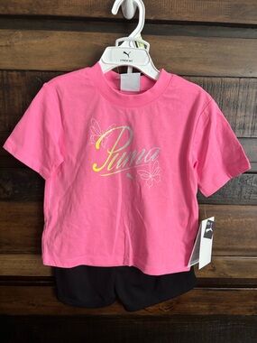 NWT Puma 2Pc Toddler Girls Pink Logo Tee & Black Shorts Set
